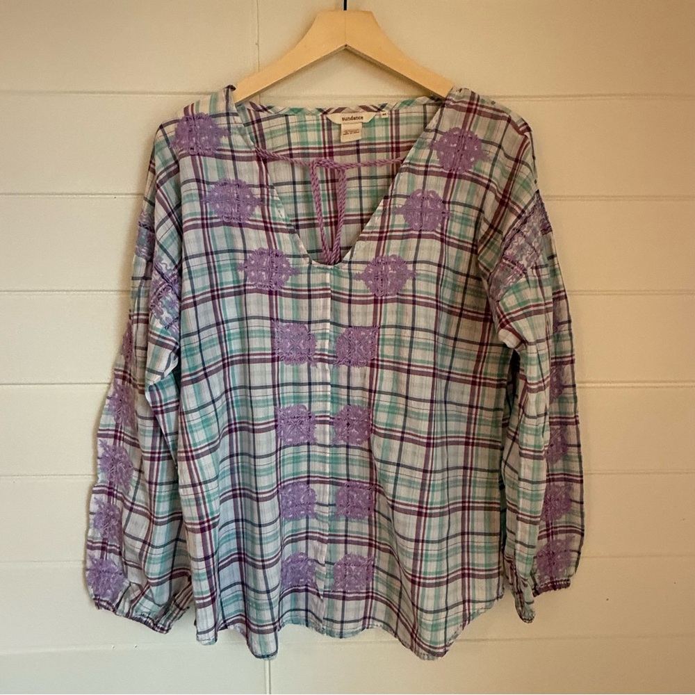 Sundance Plaid Blouse with Lavender Embroidered Accents and Tie Front